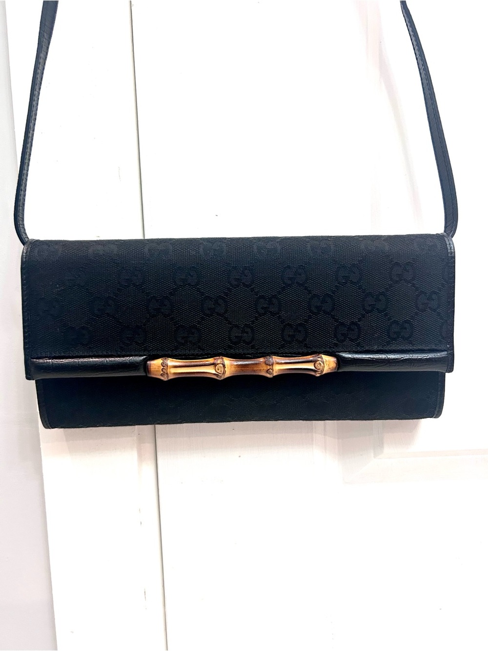 Gucci Black Canvas Bamboo Crossbody Long Wallet Clutch on Leather Strap